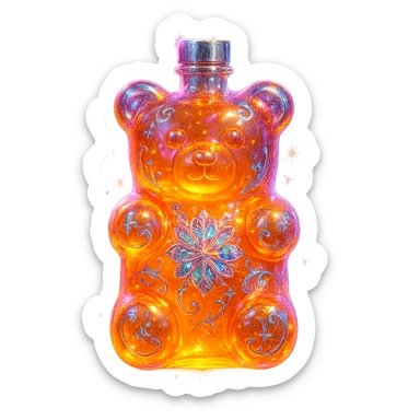 modernus prabangus eliksyro buteliukas, guminuko meškiuko forma, ryški permatoma spalva, holografiniai ir sidabriniai ornamentai, itin stiprūs magiški švytėjimai ir efektai, labai mažas kaklelis, skaidrus fonas, vientisas dugnas, be šešėlio, plūduriuoja ore, kolekcijos stilius sticker