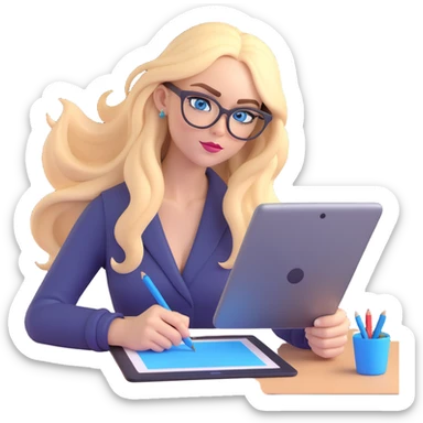 a blonde woman with long hair and blue eyes wearing black cat-eye glasses, drawing on a graphic tablet sticker