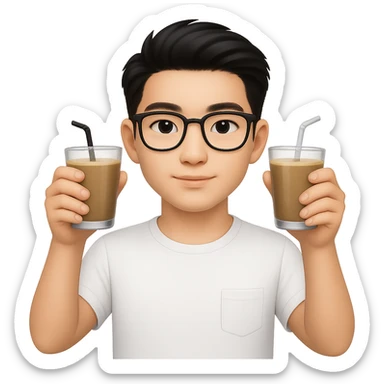 Change to a different, stylish hairstyle for a young and handsome Asian man with black coffee colored hair, wearing a white T-shirt, black framed glasses, holding glasses, very smart. Keep the emoji style look but use the general editor as emoji style does not support editing. Remove background. sticker