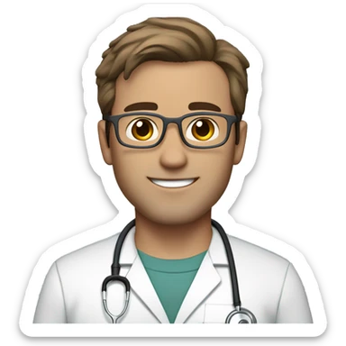 male Doctor in scrubs and stethoscope fair skin with brown hair and a little gray in it with gray eyeglasses and no lab coat sticker