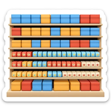 "Minimalist Japanese retail shelf display, products arranged in identical horizontal rows, with multiple units of each item placed directly behind one another, vertically varied by type, clean spacing, precise symmetry, soft neutral lighting, front-facing packages, ultra-detailed." sticker