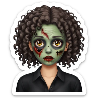 crie uma mulher de cabelo cacheado com pele de zumbi usando uma blusa preta sticker