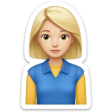 Blond lady shoulder length hair wearing yellow collared sleeveless shirt holding blue sweater sticker