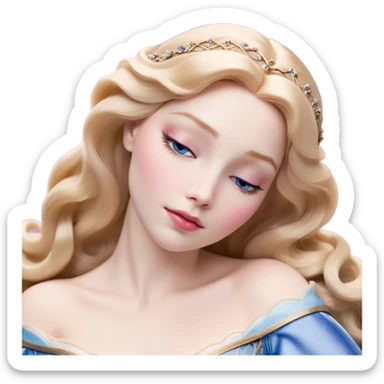Cinematic Realistic Sleeping Beauty (Aurora) Portrait, with porcelain-like skin featuring a natural rosy flush, illuminated by soft lighting that highlights the gentle contours of her face. Her golden blonde hair flows in soft, detailed waves with subtle highlights that shimmer in the light. Her deep violet-blue eyes radiate warmth and innocence, framed by arched brows and long lashes. With a soft, serene smile, she holds a delicate rose gently in one hand, her other hand resting lightly by her side. She is dressed in her classic pink gown, the fabric rich in texture with delicate folds that catch the light. A golden crown rests atop her head, gleaming with royal refinement. The portrait captures a soft, glowing aura, blending realism with an ethereal sense of beauty and timeless enchantment. sticker