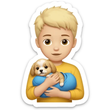 ["Light-skinned boy in yellow shirt, cradling a puppy."] sticker