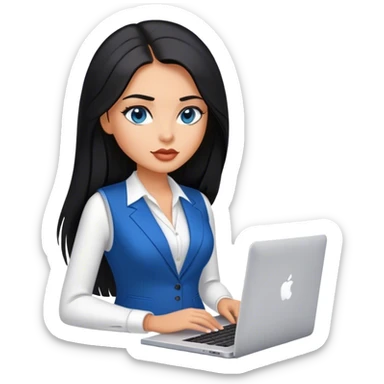 Model glamours tanned beautiful girl with pump nude lips and black straight smooth long hair, straight hair parting, blue eyes with MacBook and V-neck suit vest,  - only one person sticker