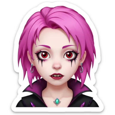 girl, pale vampire, pink hair, very long, shaggy, dark, spooky,double eyebrow dermal piercing, creepy expression sticker