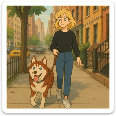 Cute Blonde woman wearing a black sweater and jeans and white sneakers walking a happy red-brown blue-eyed Siberian husky in New York City on an upper east side city sidewalk  sticker