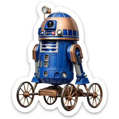 Action in Old American West tarnished R2D2 bounty policeman in 1864 delicately ornate rosegold accents painted buggy powered by electric motors and batteries with safety features and belts flying rapidly across rough dusty terrain stable on strong agile futuresteampunk suspension and steering  sticker