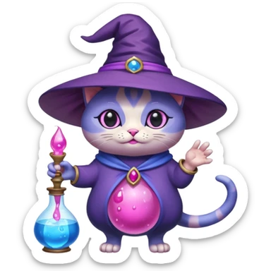 Purple witch cat full body with pink potion and blue potion bubbling  sticker