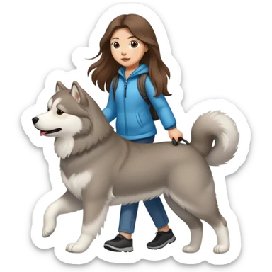 A girl with long brown hair walks a light gray Alaskan sticker