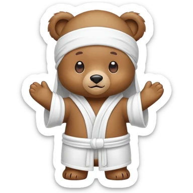 Full-body standing brown bear wearing a white durag on its head, cute emoji style sticker