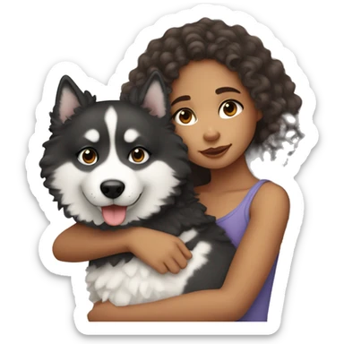 Biracial girl with curly hair cuddling a husky sticker