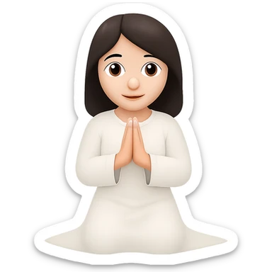 Change the dress to white robes, keep the woman kneeling and praying, long dark brown hair, in emoji style. Remove the background. sticker