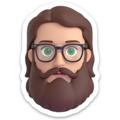 white male mid 30s green eyes black square glasses long brown beard with medium length brown hair sticker