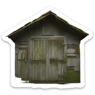 An outdoor tool shed found abandoned on Alcatraz island, isometric angle  sticker