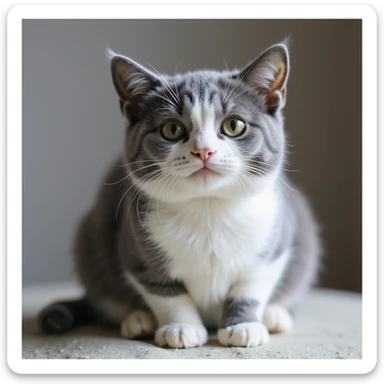 a realistic grey and white cat with a grey top and white belly, legs partly grey and partly white, and a streak of white going up the nose area, soft fur, gentle expression sticker