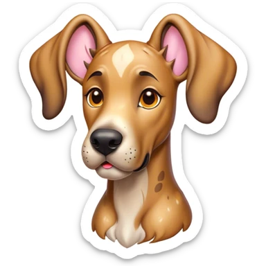 Cinematic Cute Fawn Great Dane Portrait Emoji, Head tilted playfully and inquisitively, showcasing a glossy fawn Fur with a subtle luster, round, sparkling amber eyes filled with curiosity, Simplified yet irresistibly adorable features, highly detailed, glowing with a warm, friendly glow, high shine, affectionate and gentle, stylized with a touch of whimsy, bright and endearing, soft glowing outline, capturing the essence of a mischievous yet loving pup, so playful it feels like it could lumber out of the screen and into your arms! sticker