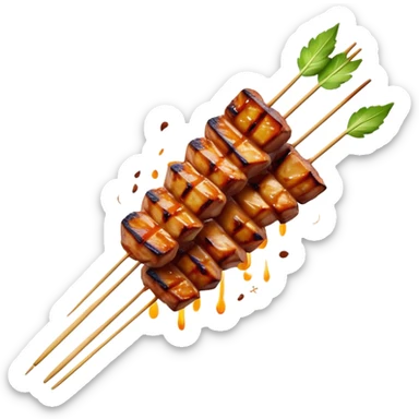 Cinematic Realistic Satay Dish Emoji, depicted as skewered, marinated meat grilled to perfection rendered with rich, smoky textures and dynamic, appetizing lighting. sticker