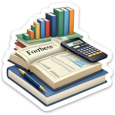 Icon for Business Reading: an open book with graphs, numbers, percentages, formulas, and text on the pages, next to a stack of books, a pile of dollars, a calculator, a pen, and business magazines like Forbes. Transparent background. sticker