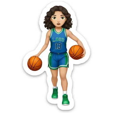 full figure light latino women basketball player with wavy dark hair wearing blue and green uniform sticker