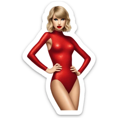 Taylor Swift performing “…Ready For It?” On stage in red reputation bodysuit with red lipstick and an evil smirk sticker