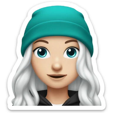 White girl, black hoodie, long teal hair, purple beanie hat, blue eyes sticker