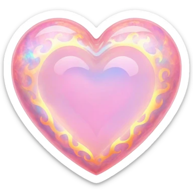 Heart-shaped pink opal gemstone with holographic fire patterns inside sticker