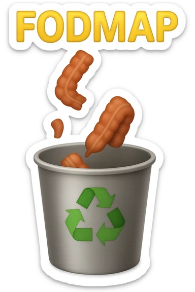 scritte "FODMAP" e pezzi di colon cadono in un secchio della spazzura con simbolo "recycle" sopra, stile emoji iphone, iperrealistico 4k sticker