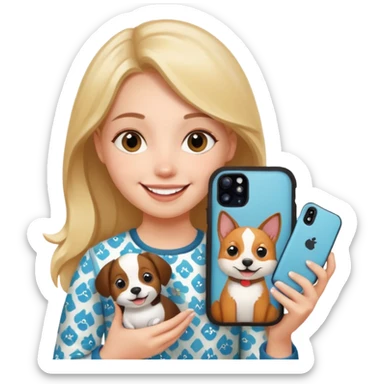 girl holding an iphone case with a pattern with pets faces  sticker