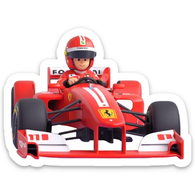 Close-up of Michael Schumacher in his 2004 Ferrari F1 car, focus on helmet and cockpit, red and white color scheme, racing atmosphere, emoji style sticker