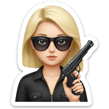 a girl with black sunglasses non see thru with a gun pointed at the camera sticker