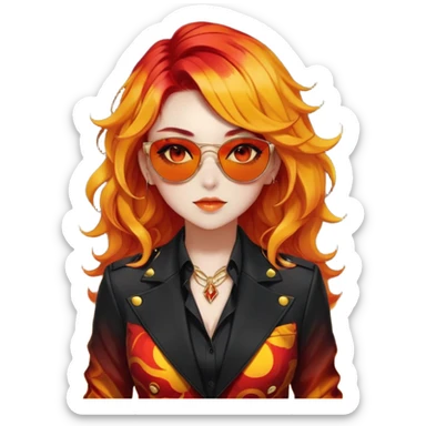 Beautiful gorgeous anime lady with beautiful fiery fiery-warm-red-orange-yellow-gradient-wavy-special-hair, fashion aesthetic, black sunglasses, accessories, gold jewelries, red-and-yellow sunny-pattern-eyes, black suit, biker-woman, cool, badass sticker