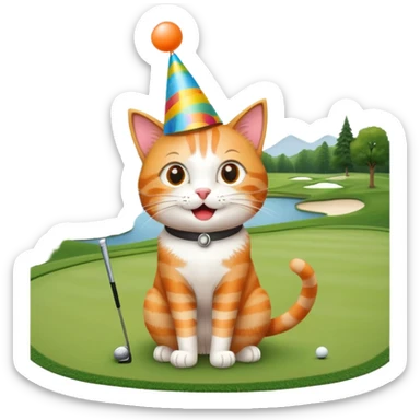 cat celebrating on golf course, birthday hat sticker