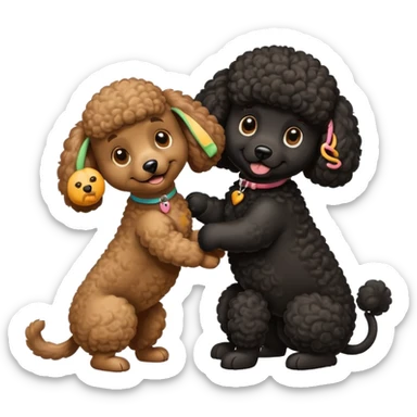 Big black poodle playing with a little brown poodle  sticker