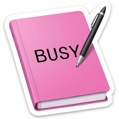 open pink book and note pen add on it the word BUSY sticker
