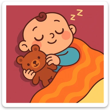 a baby sleeping with a teddy bear, cozy blanket, warm tones, adorable expression sticker