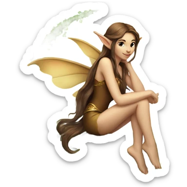 Female fairy, wings, pointed elf ears, long brown hair, sitting on crescent moon, vines sticker