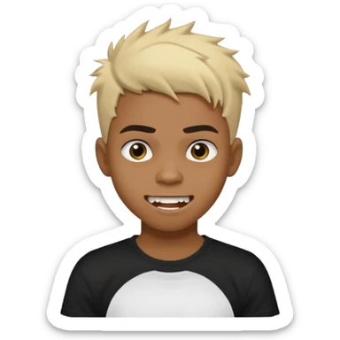Black Male Teenager with Short punk messy blonde hair, Dark brown bushy eyebrows large expressive golden-brown eyes, wearing a plain white t-shirt, Dark Brown skin color. Fun teeth sticker