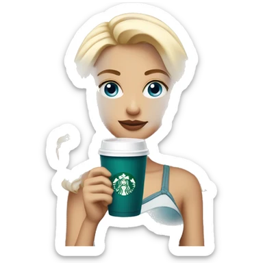 blonde girl blue eyes with Starbucks cup drink sticker