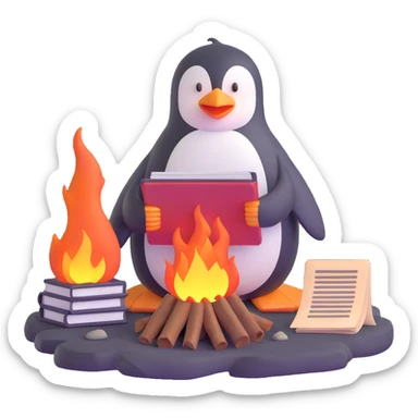 penguin on a rocky polar shore, burning secret documents in a campfire, glancing around nervously; far in the background, two people with wolf sled, rifles, skis sticker