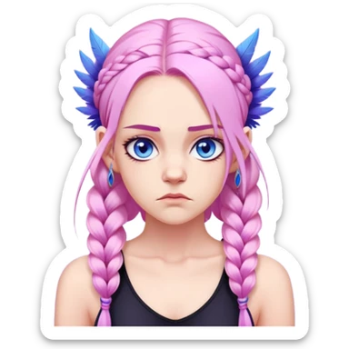 Long-pale-pastel-pink-hair with one braid on each side, grumpy expression, purple-pink feather-ear-cuffs in hair, black bodysuit, blue eyes, pink iris sticker
