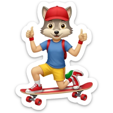 A gray wolf with large, expressive eyes and a friendly smile. The gray wolf is wearing a bright yellow T-shirt, red shorts, white knee socks, and sneakers. The baseball cap is worn backwards. The wolf holds a skateboard in one hand and gives a thumbs-up with the other, a confident and cheerful pose. sticker
