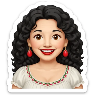 60 yr old Mexican woman, slightly chubby, wavy/curly long black hair, red lipstick, big smile, white teeth, brown eyes, hoop earings, side part to hair, round face, pretty white dress, hair side swept, big hoop earing sticker