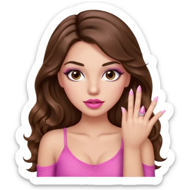 girl with long wavy brown hair, brown eyes, light to medium complexion, in a pink sexy top, pink puckered lips, long lashes, showing a manicure sticker