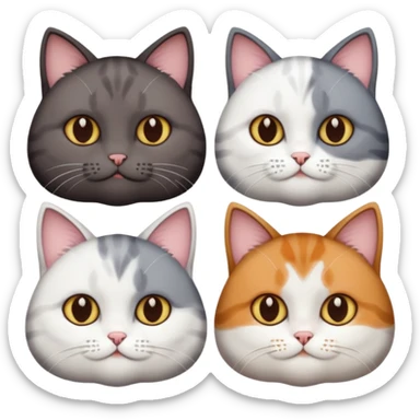 4 different coloured short haired cats including; a dark brown and white cat, and a dark grey and white  sticker