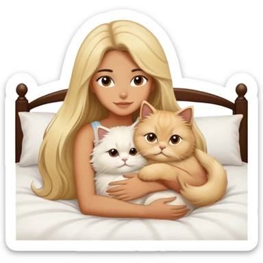 pretty girl with dark long hair hugging her blonde fluffy persian cat in bed sticker