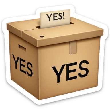 Vote box with "yes, but" aber' written on the front and paper entering the top slot sticker