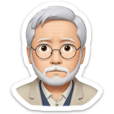 Hayao Miyazaki (filmmaker) – Cinematic Realistic Portrait of Hayao Miyazaki, portrayed with gentle, wise eyes and a thoughtful expression, set against a backdrop of whimsical sketches and animated landscapes reminiscent of Studio Ghibli, rendered with soft natural lighting and rich, detailed textures that evoke creative magic. sticker
