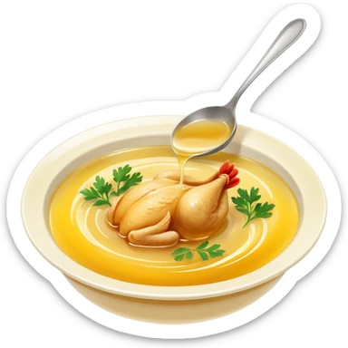 small glossy puddle or swirl of golden-yellow chicken broth, translucent and slightly oily surface with soft ripples suggesting warmth, rich inviting color with subtle tones of simmered poultry and vegetables, no bowl, spoon, herbs, or extras, soft lighting, subtle shadows, emoji scale sticker
